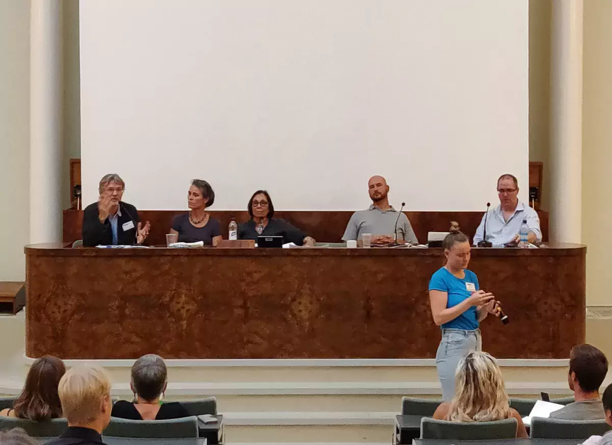 Many of our plenary speakers returned for a closing panel session chaired by Barry Gills (from left) Marjolein Visser, Marisol de la Cadena, Andrej Grubacic, and Jason W. Moore.